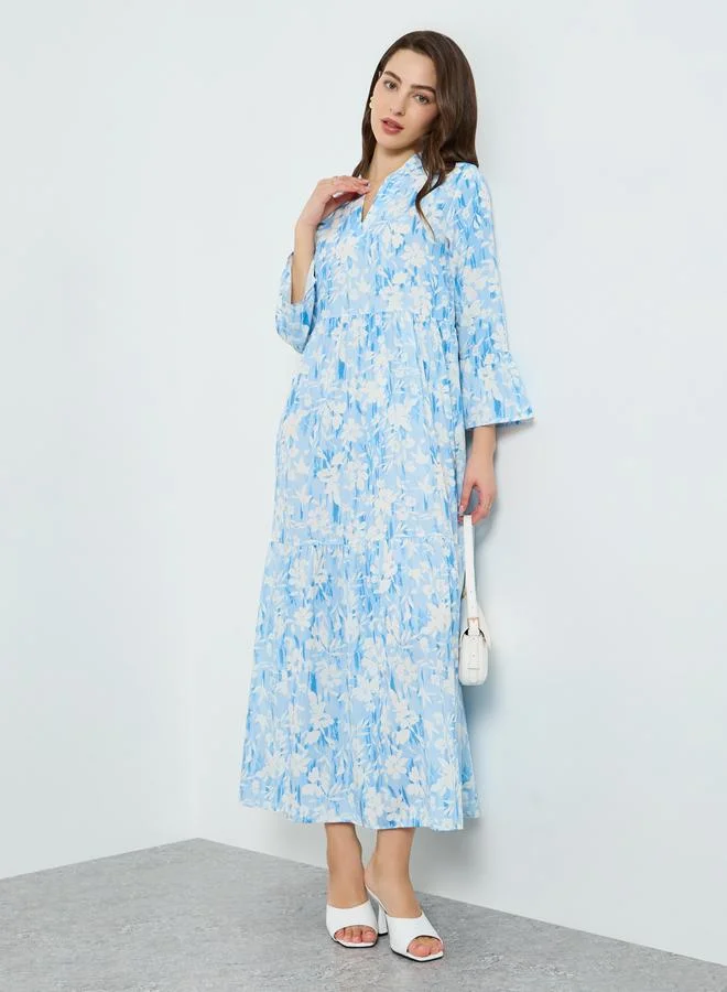 تايك تو فستان ميدي بكسرات وياقة مفتوحة ونقشة زهور للنساء